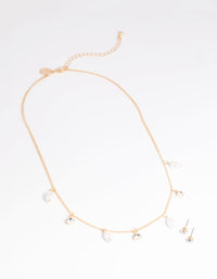 Gold Pearl Diamante Droplet Necklace & Earrings Set - link has visual effect only