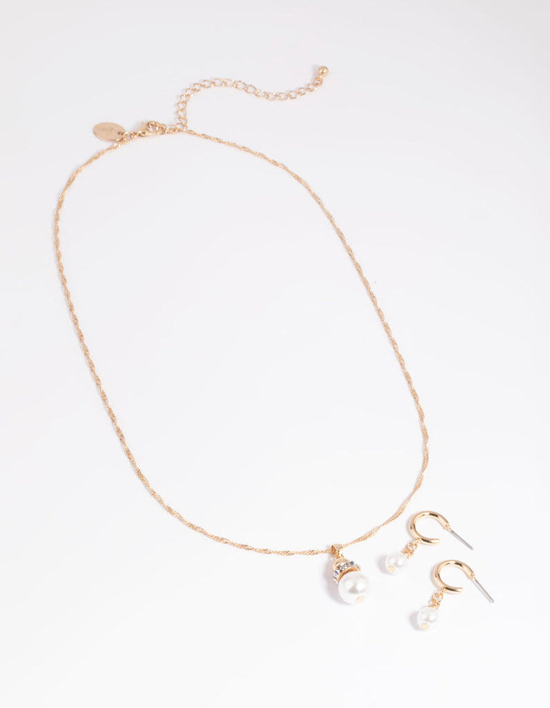Gold Pearl Necklace & Huggie Earrings Set
