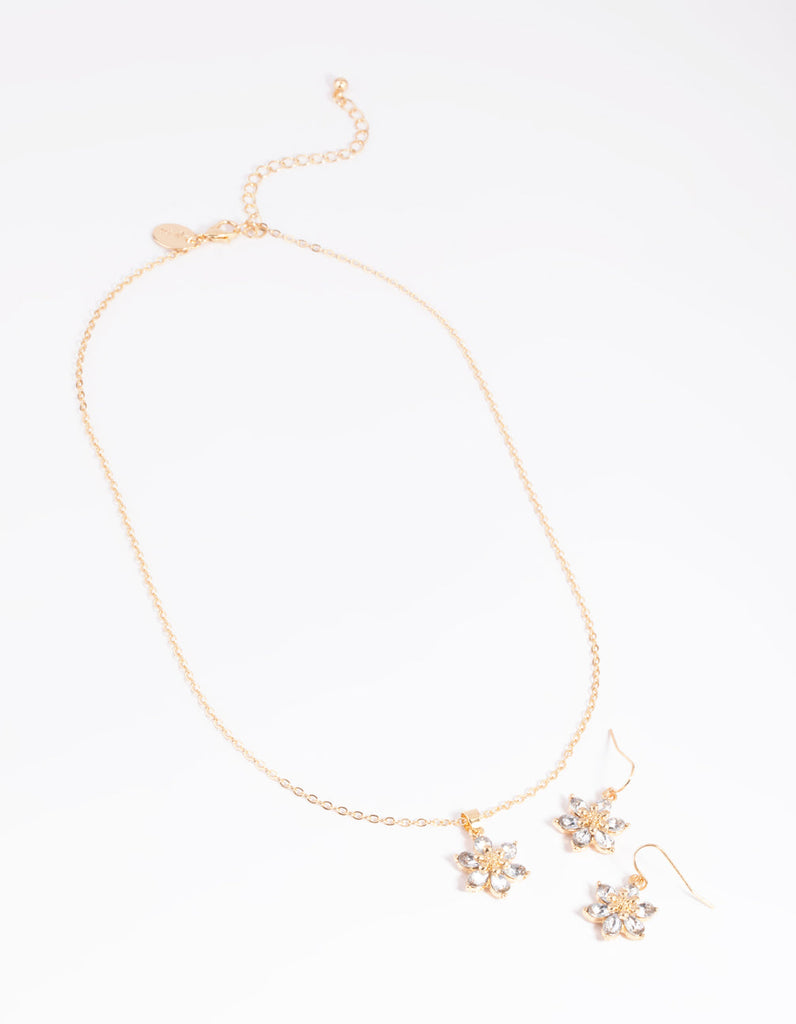 Gold Diamante Flower Necklace & Earrings Set