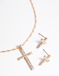 Gold Diamante Cross Necklace & Earrings Set - link has visual effect only