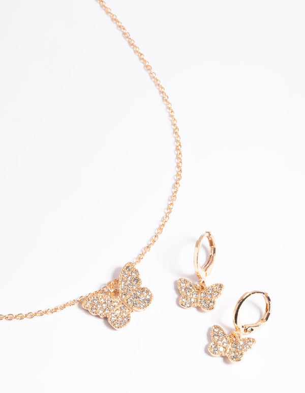 Gold Diamante Butterfly Necklace & Huggie Earrings Set