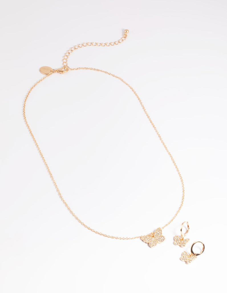 Gold Diamante Butterfly Necklace & Huggie Earrings Set