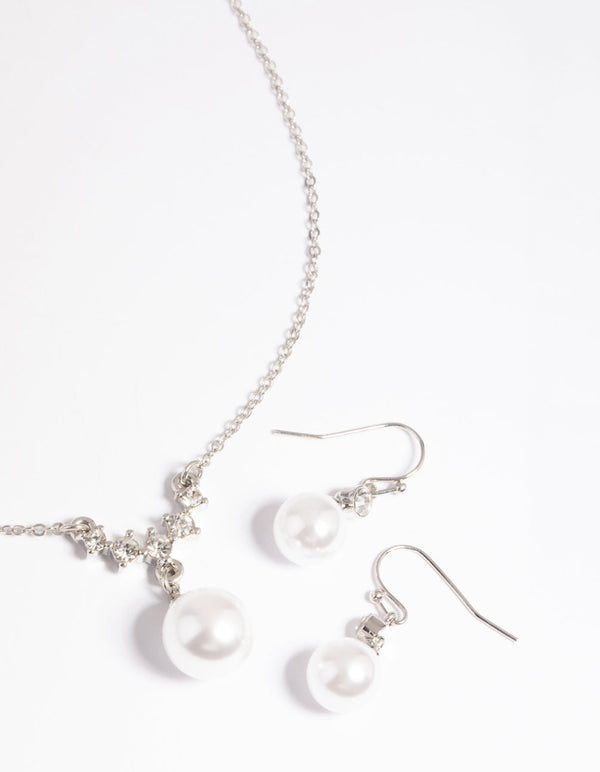 Rhodium Pearl Diamante Statement Necklace & Earrings Set
