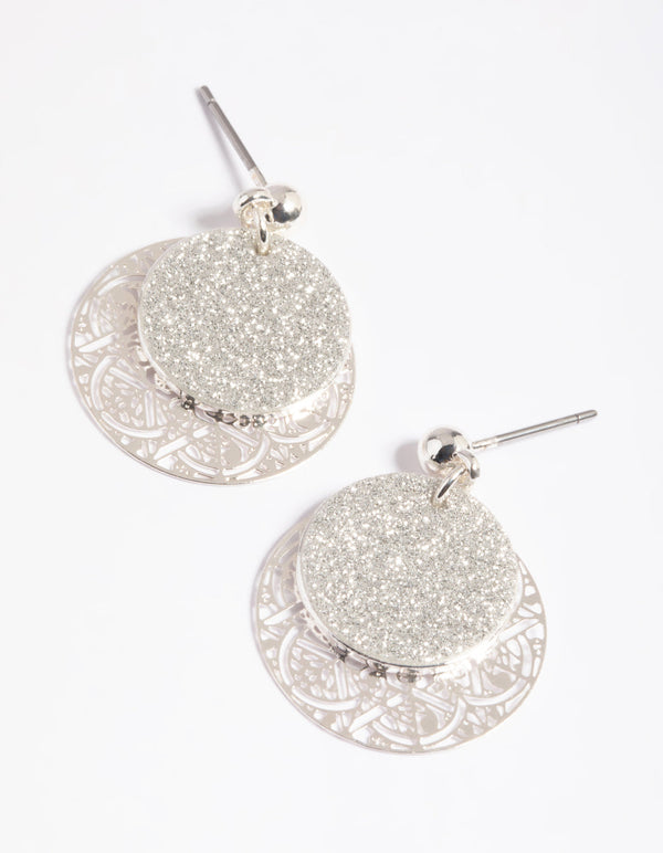 Silver Glitter Circle Layer Drop Earrings