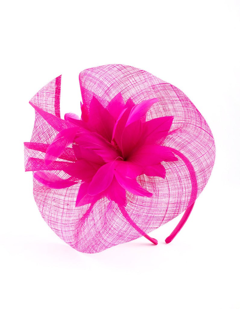 Hot Pink Satin Headband with Feathered Flowers