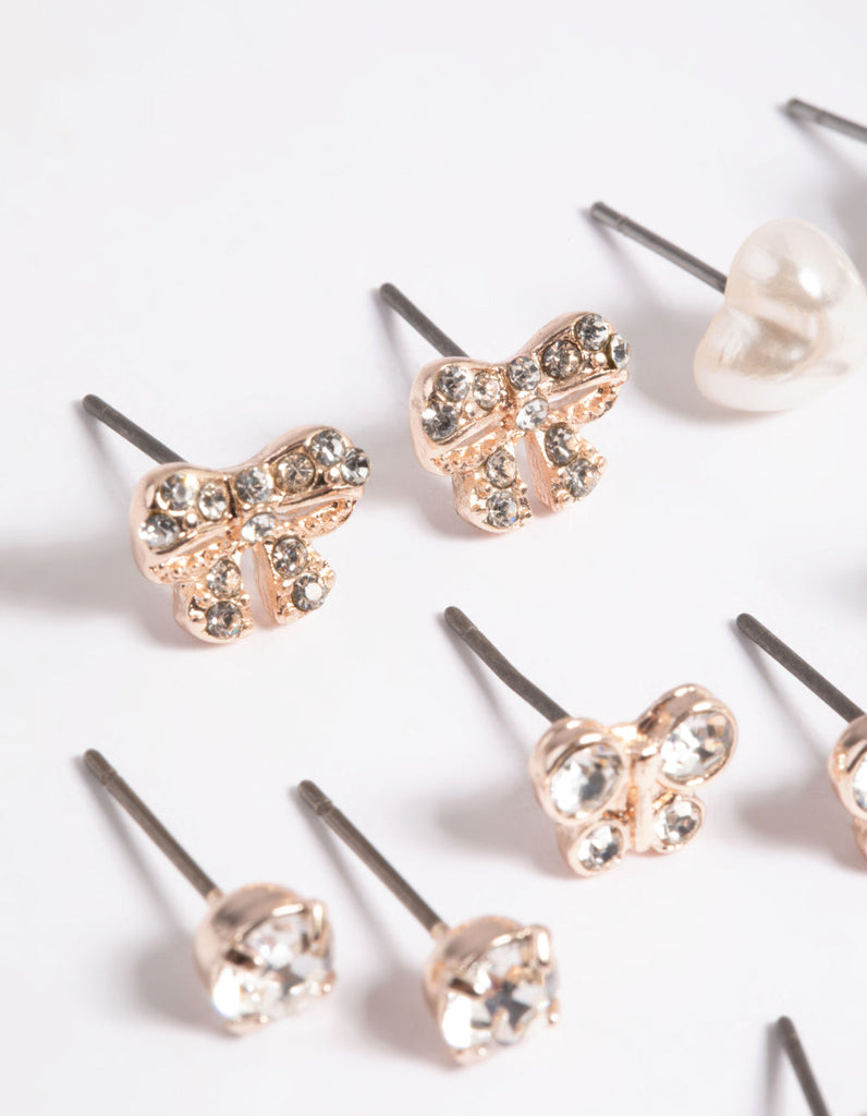 Kids Rose Gold Diamante Butterfly Stud 6-Pack