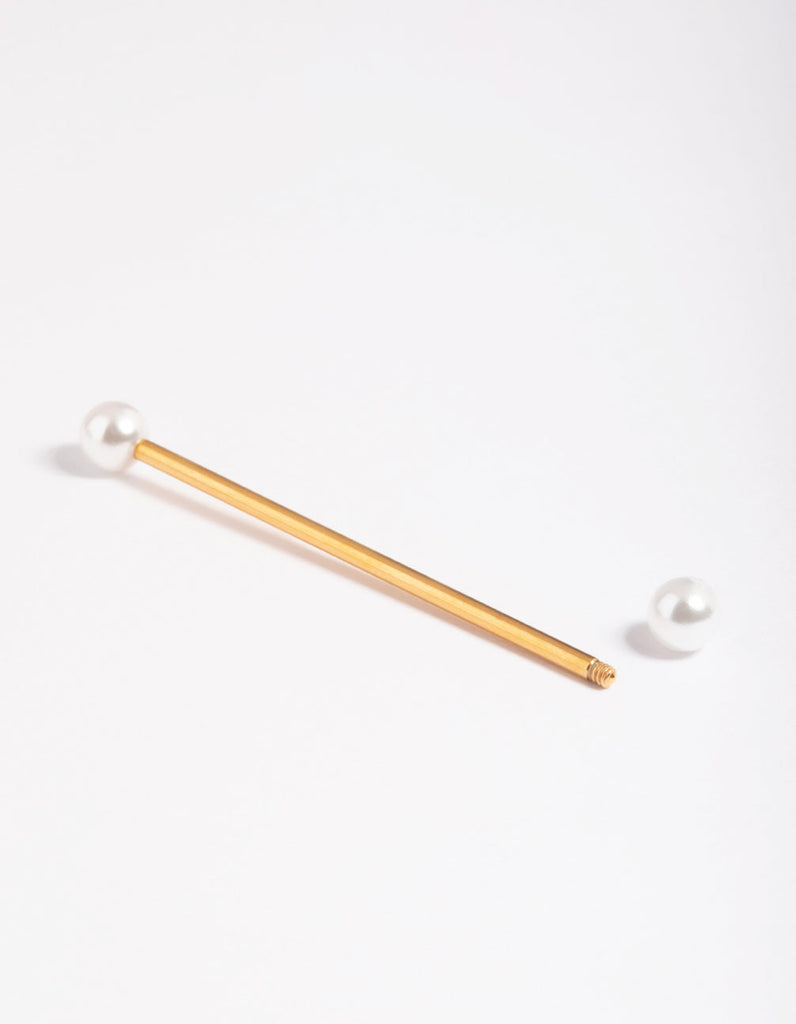 Gold Plated Titanium Faux Pearl Industrial Bar