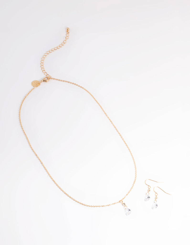 Gold Cubic Zirconia Pear Drop Necklace & Earrings Set