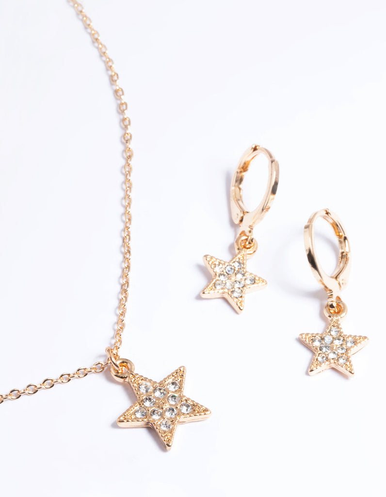 Gold Pave Star Necklace & Huggie Set