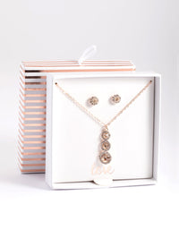 Rose Gold Round Halo Drop Necklace & Stud Earrings - link has visual effect only