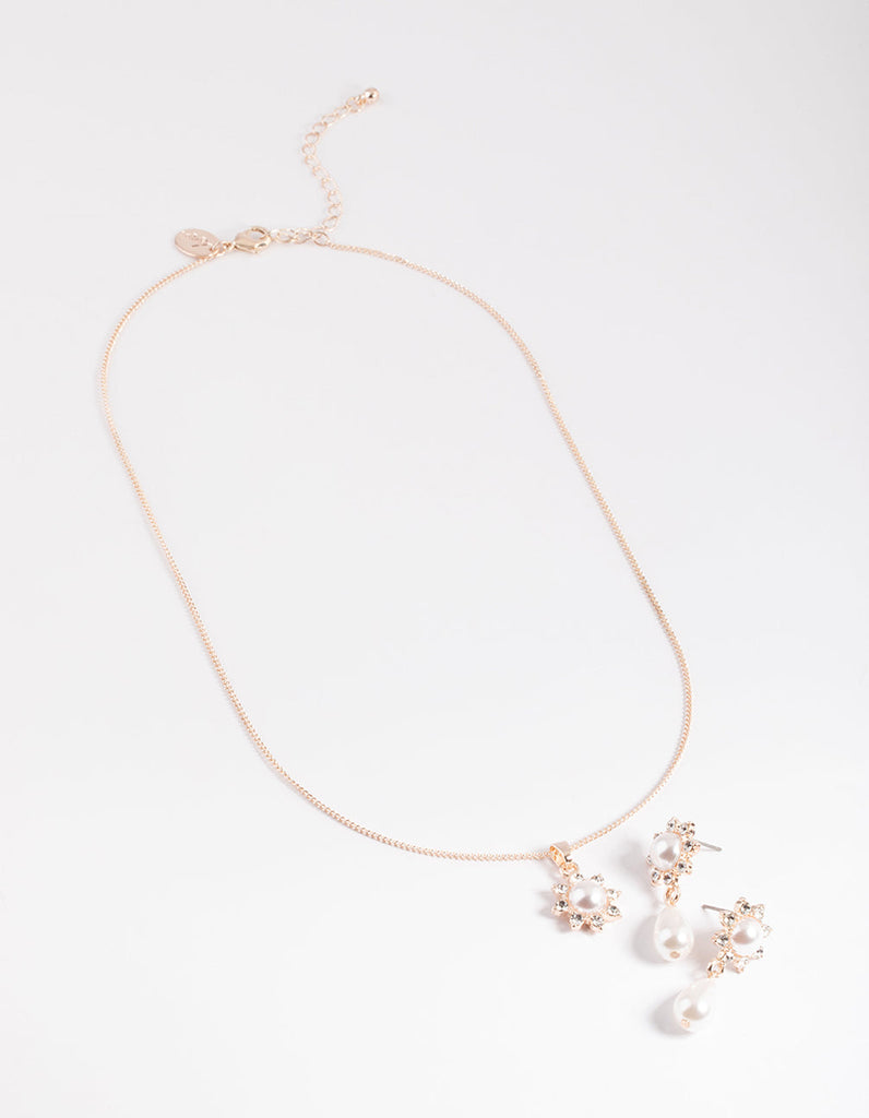 Rose Gold Pearl Flower Necklace & Drop Earrings