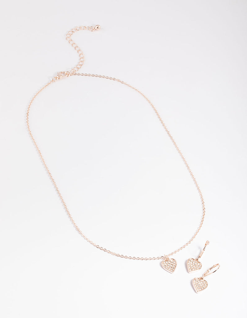 Rose Gold Pave Heart Necklace & Huggie Earrings