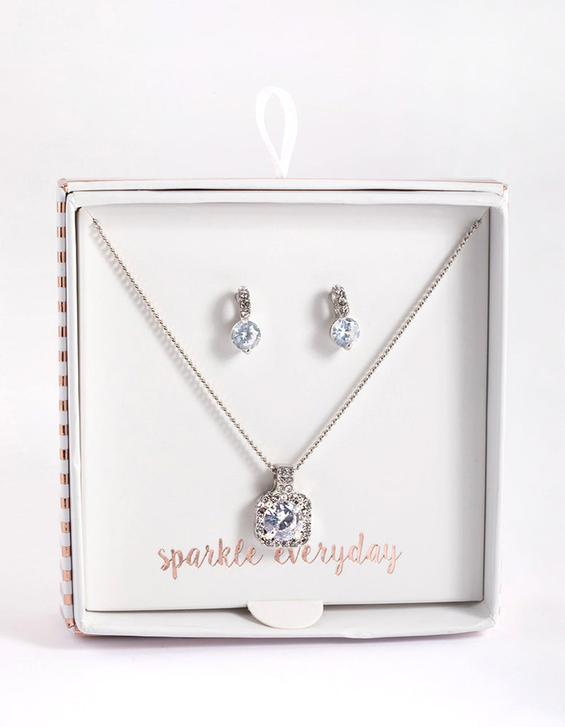 Rhodium Square Halo Necklace & Stud Earrings
