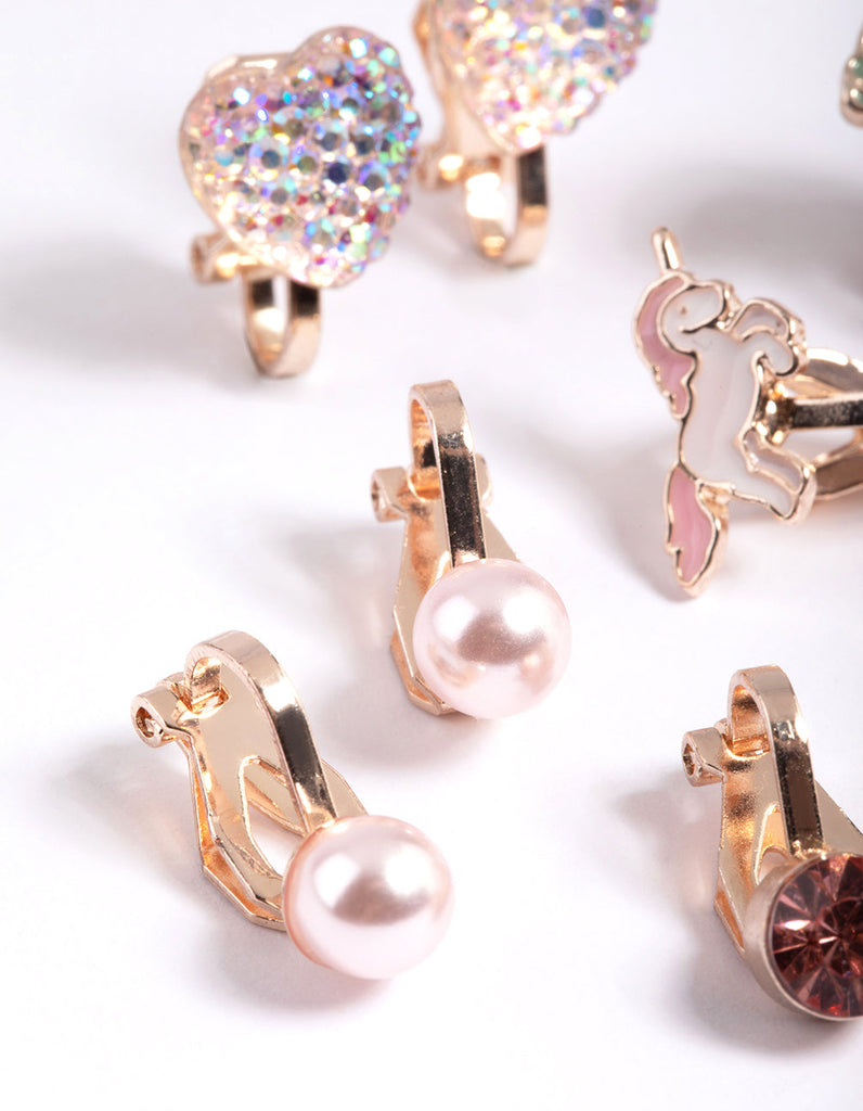 Kids Rose Gold Unicorn Clip On Earrings 5-Pack