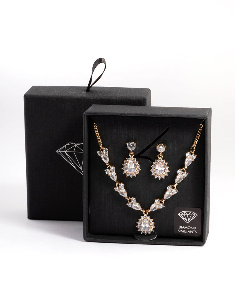 Gold Diamond Simulant Detail Teardrop Earrings & Necklace Set