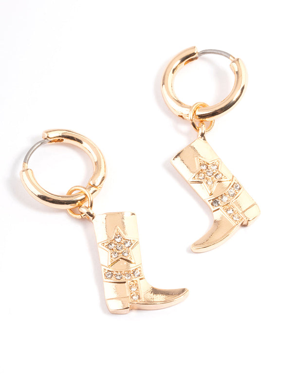 Gold Diamante Cowboy Boot Earrings