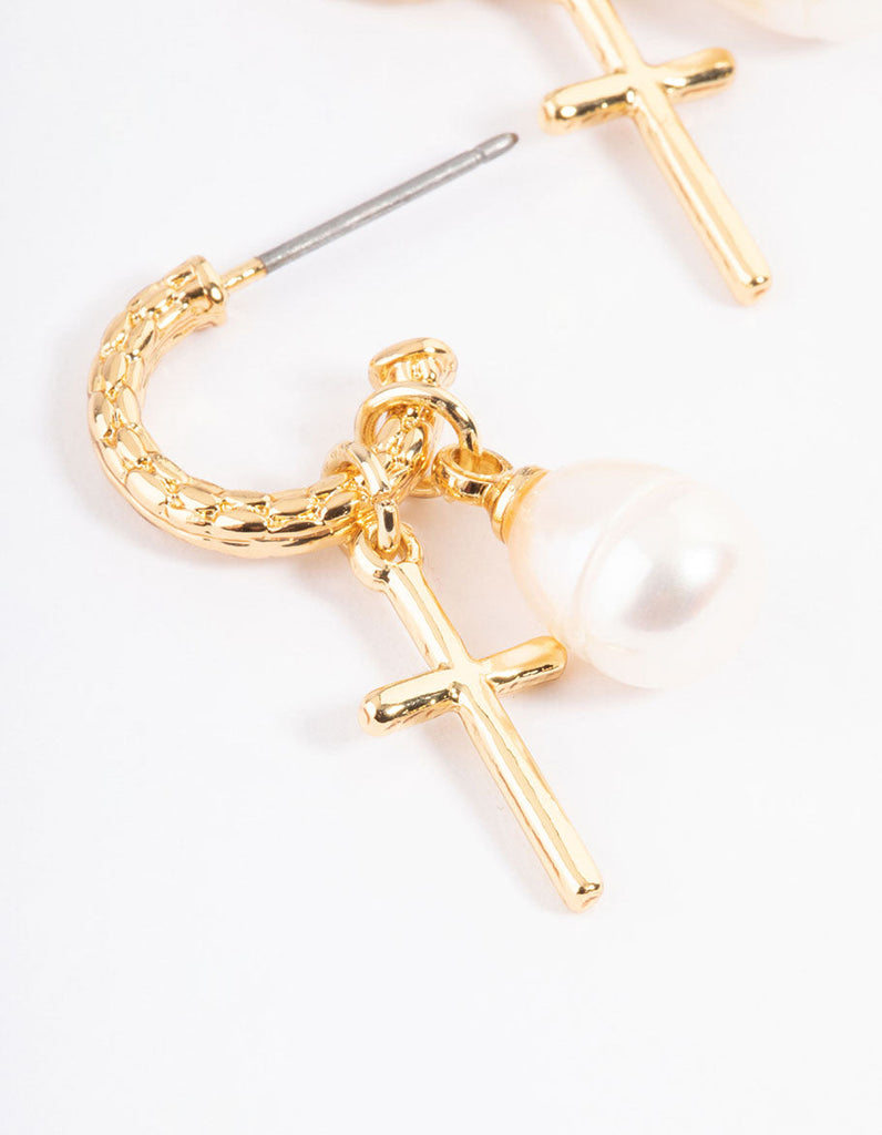 Gold Plated Cross & Freshwater Pearl Hoop Earrings