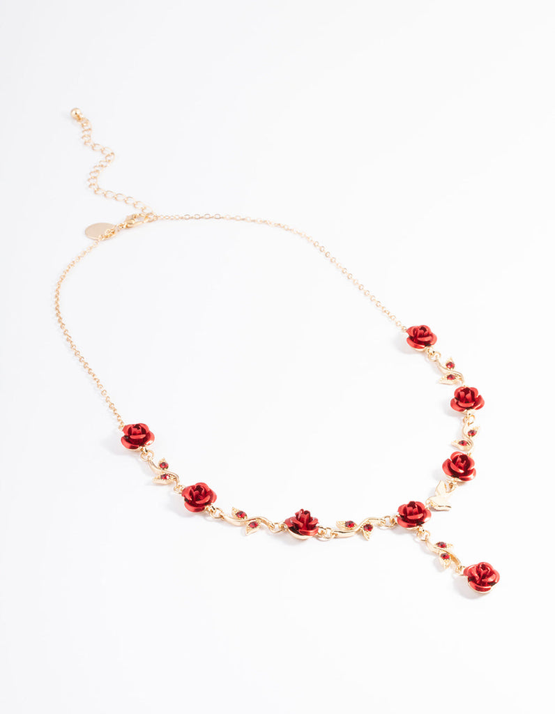 Red Diamante Rose Y-Necklace