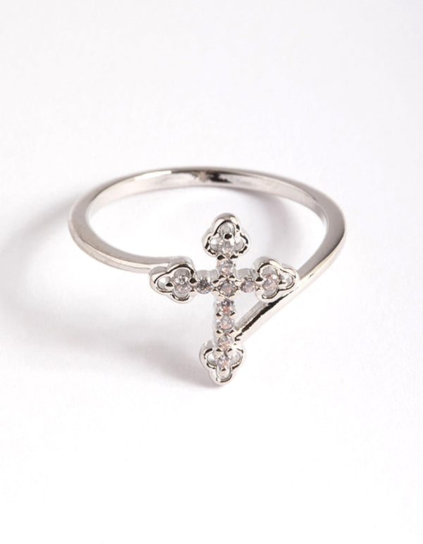 Rhodium Cubic Zirconia Cross Ring