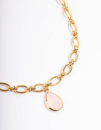 Gold Plated Rose Quartz Oval Link Chain Necklace - link has visual effect only