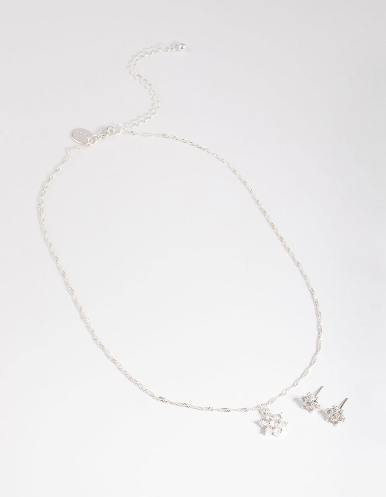 Silver Cubic Zirconia Twist Chain Star Earrings & Necklace Set