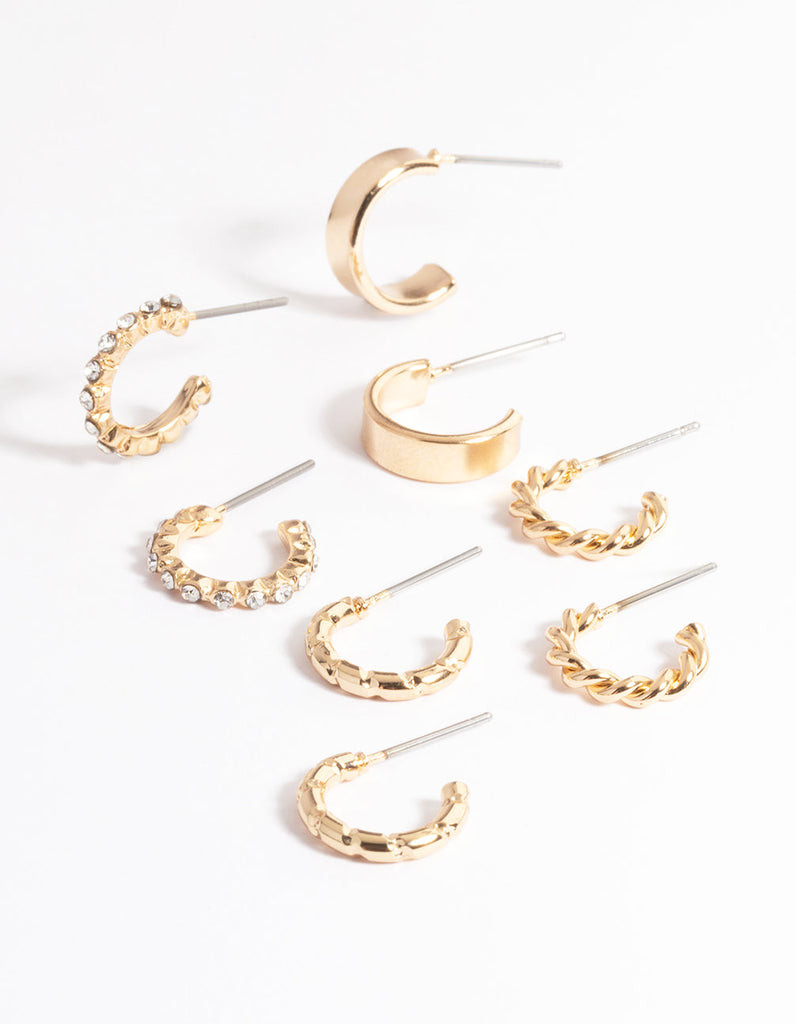 Gold Diamante & Plain Hoop Earrings 4-Pack