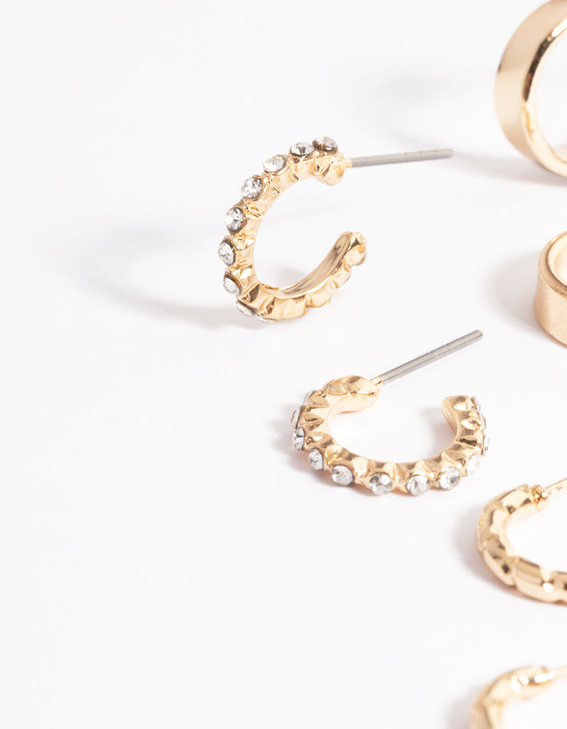Gold Diamante & Plain Hoop Earrings 4-Pack