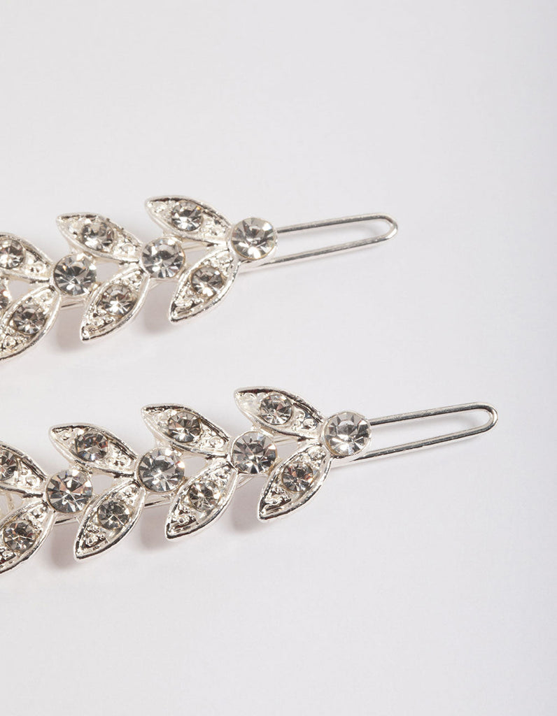 Silver Diamante Leaf Clips Pack