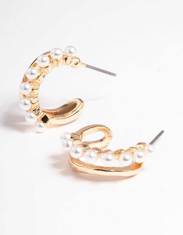 Gold Pearl Illusion Huggie Earrings