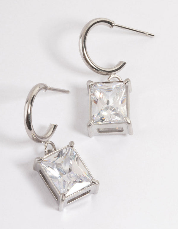 Stainless Steel Rectangle Cubic Zirconia Hoop Earrings