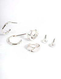 Silver Pearl & Triple Row Cuff Earrings 4-Pack - link has visual effect only