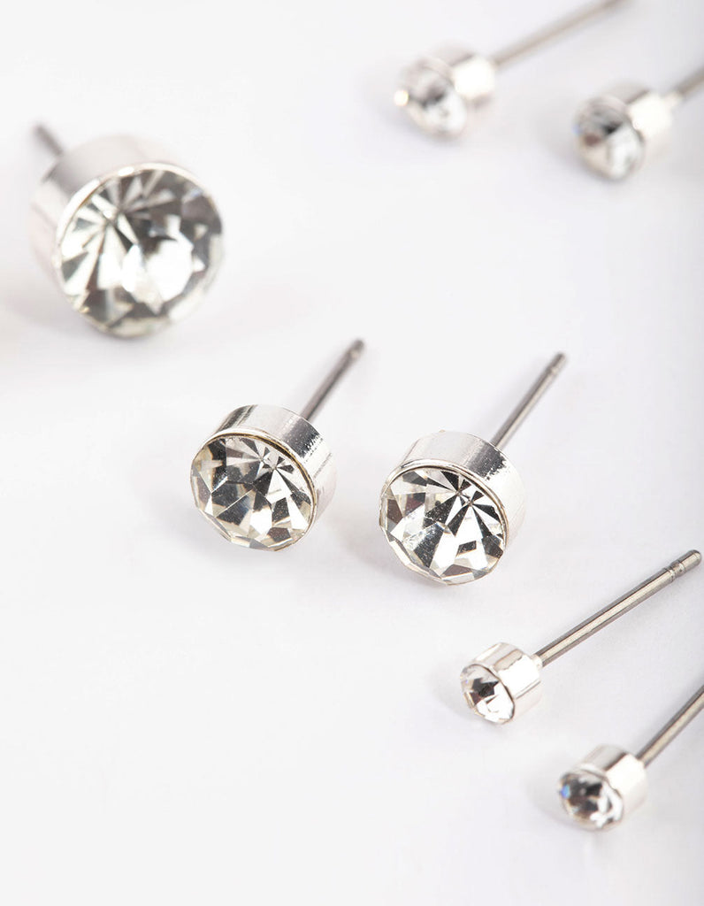 Silver Diamante Stud Earrings 4-Pack