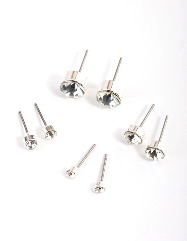 Silver Diamante Stud Earrings 4-Pack