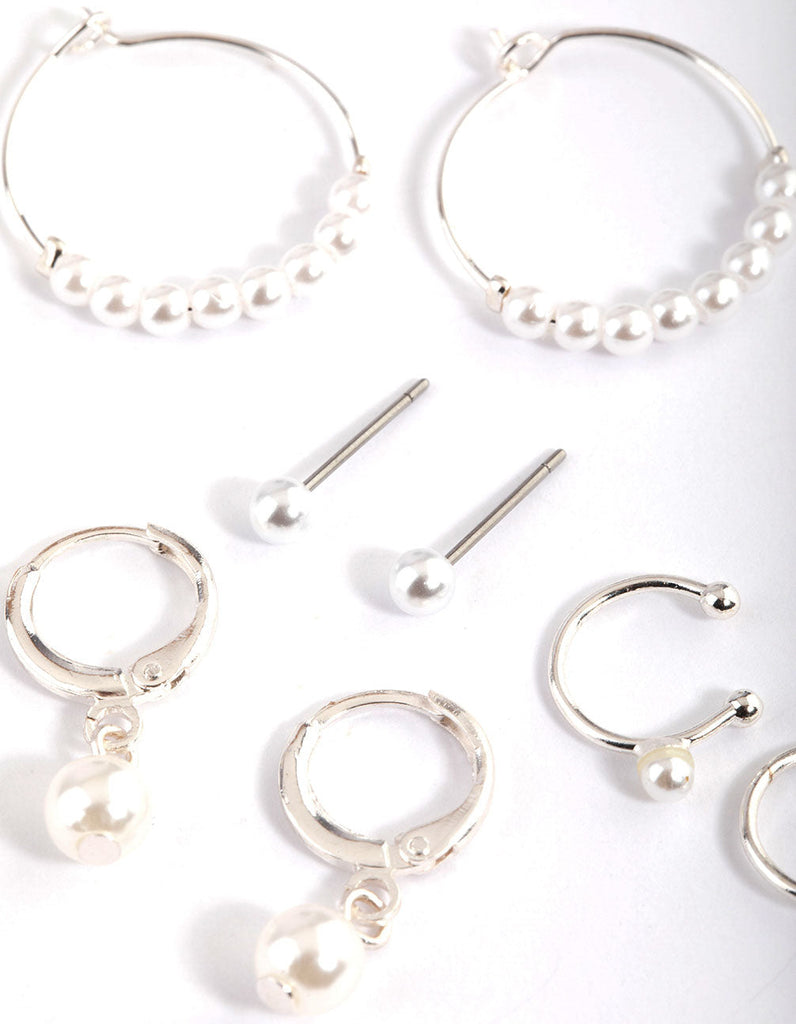 Silver Pearl Charm Hoop Earrings 4-Pack