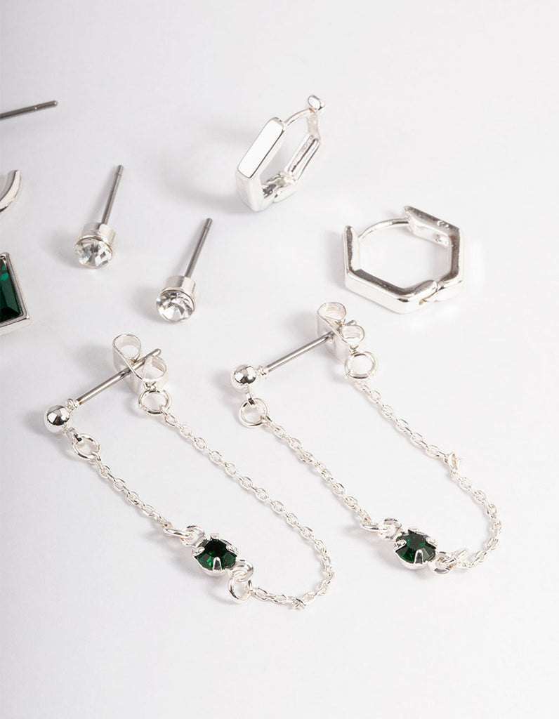 Green Diamante Baguette Earrings 4-Pack