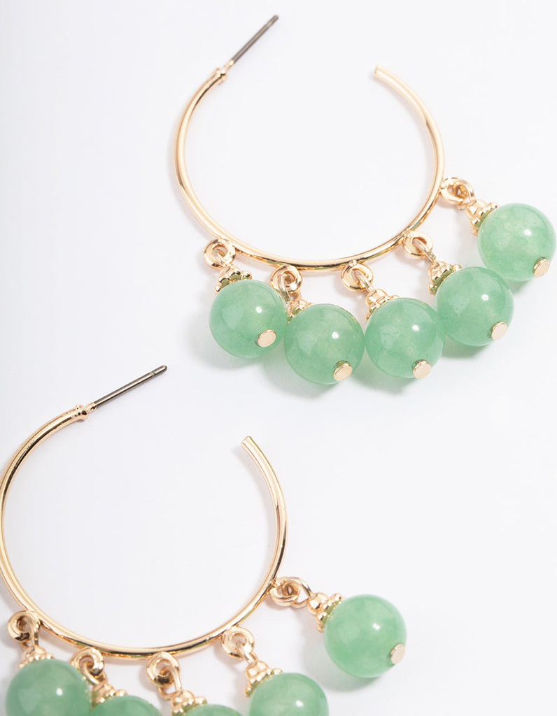 Gold Green Aventurine Beaded Hoop Earrings