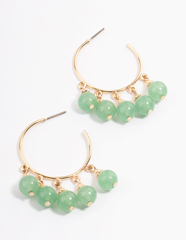 Gold Green Aventurine Beaded Hoop Earrings