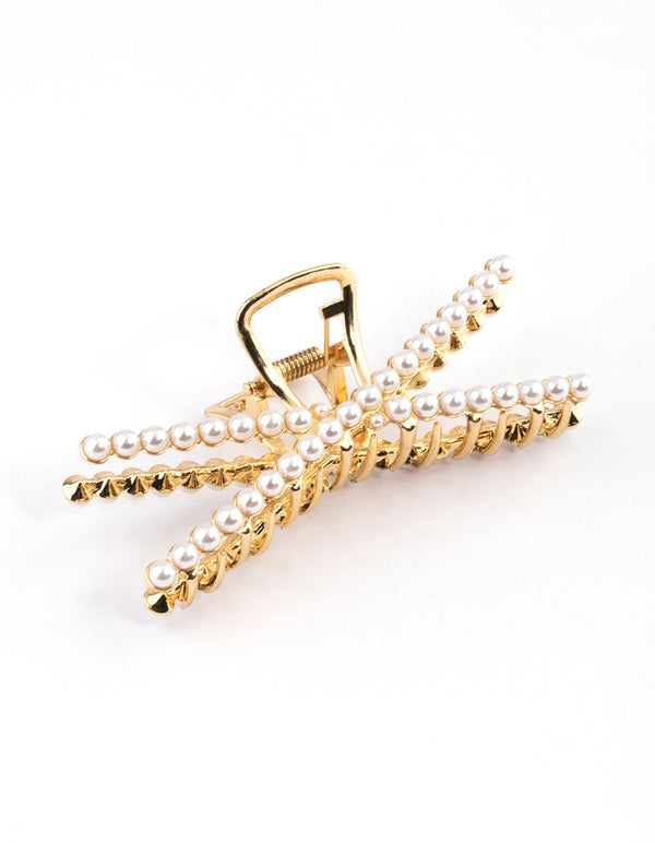 Gold Pearl Detail Cross Claw Clip