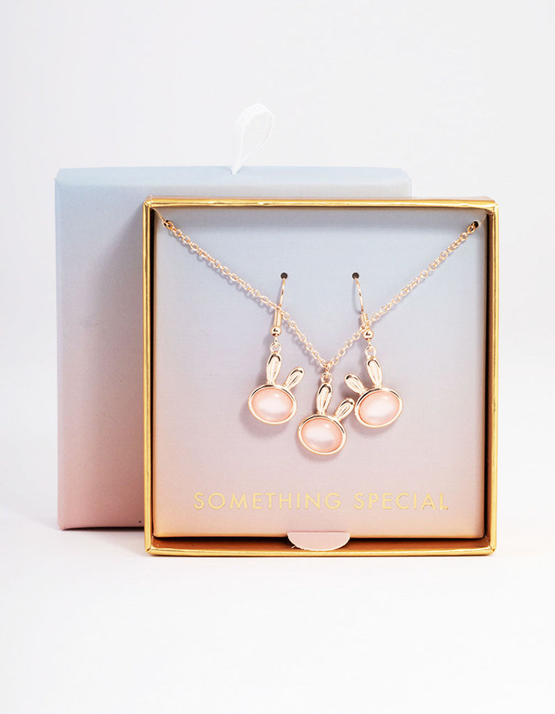 Rose Gold Blush Bunny Necklace & Drop Earrings Set