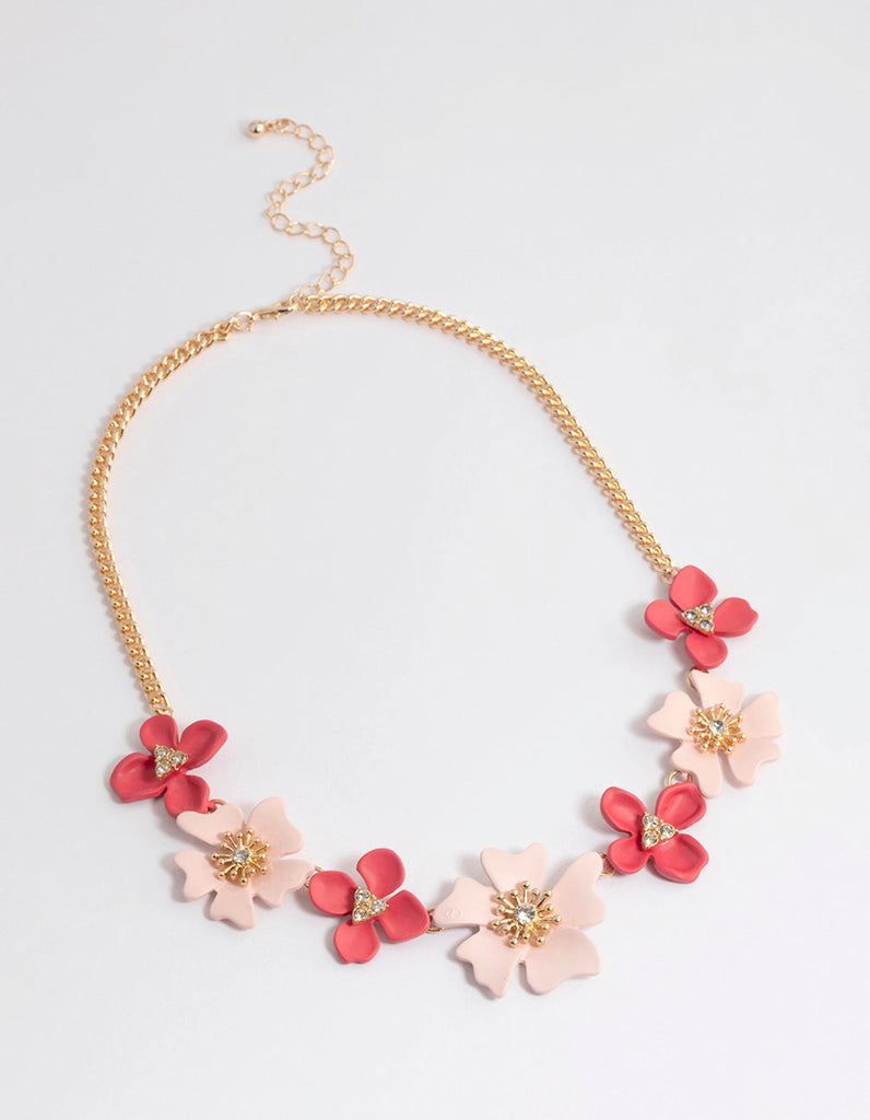 Red Mixed Diamante Flower Necklace