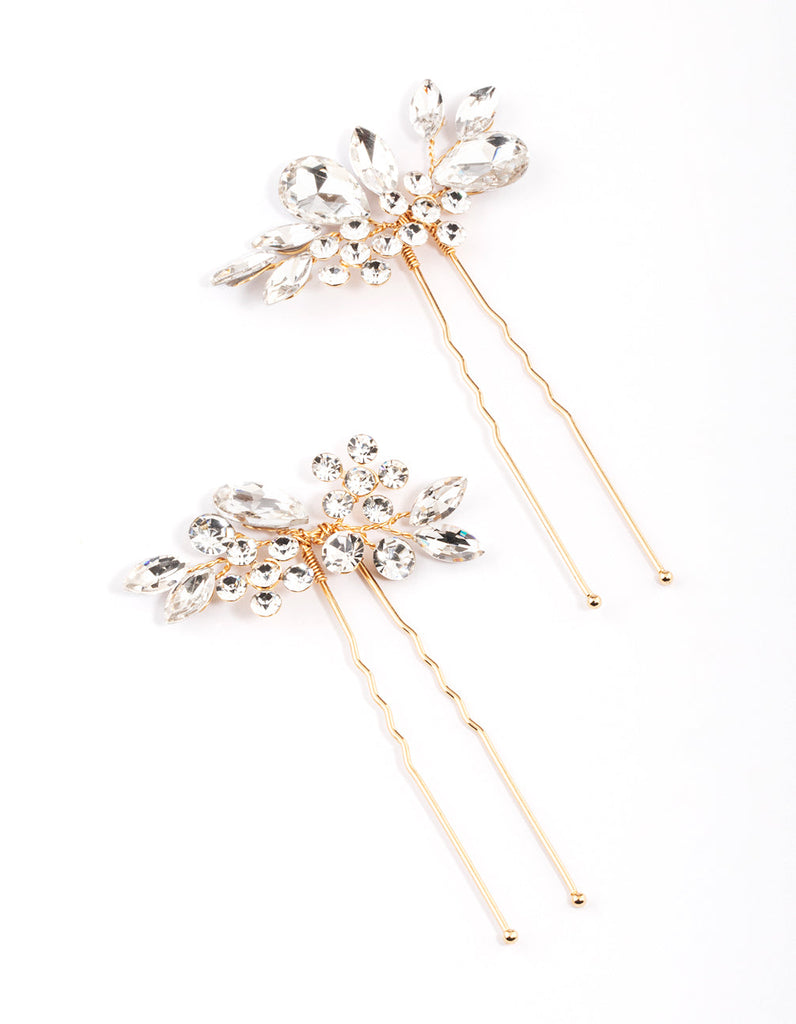 Gold Crystal Leaf Hair Pins Pack