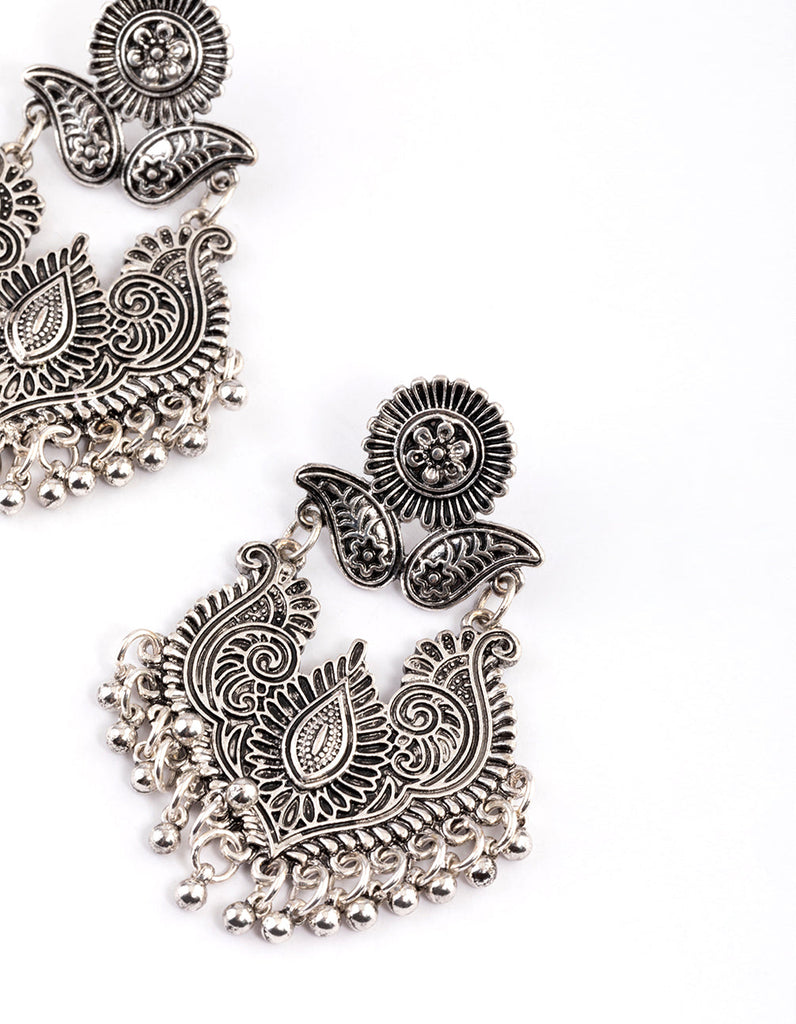 Antique Silver Filigree Bead Drop Jhumka Earrings