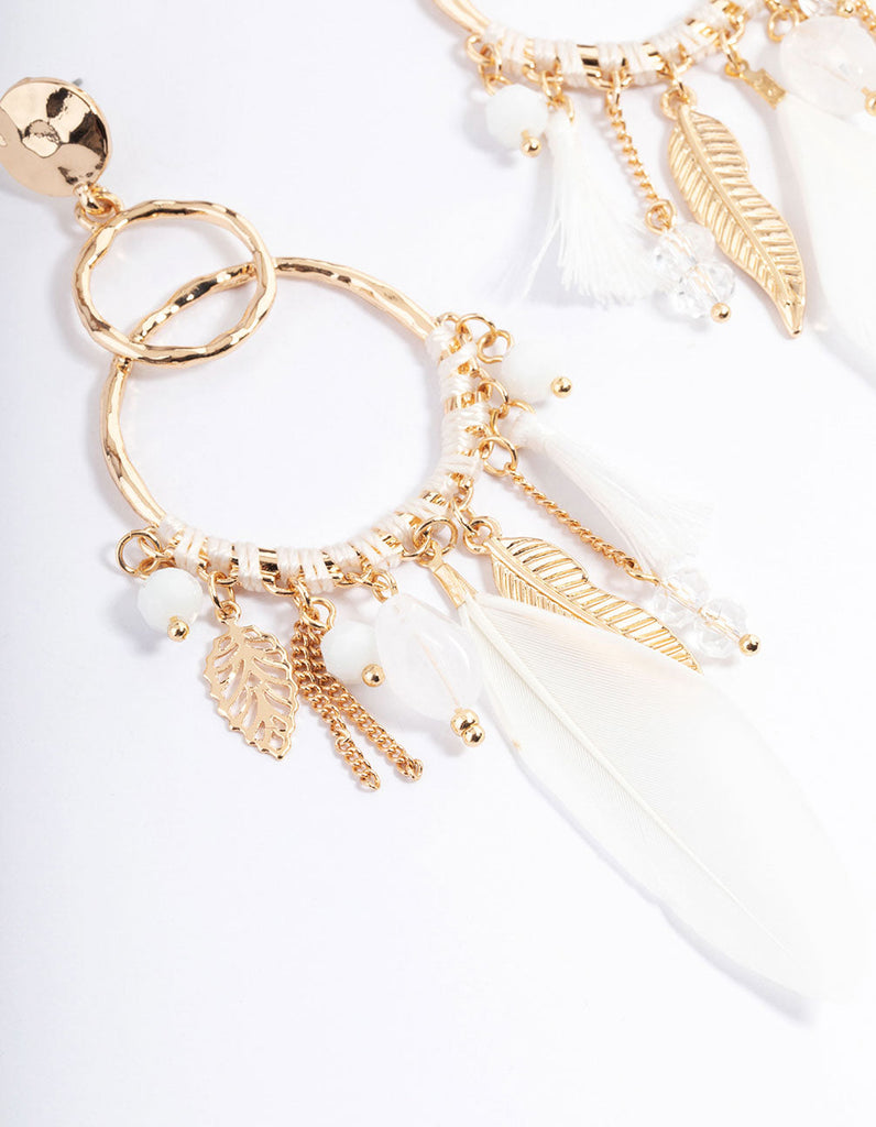 Gold Thread Bead Feather Earrings