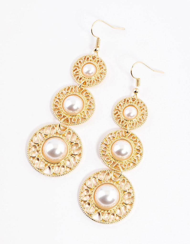Gold Pearl Three Drop Vintage Earrings