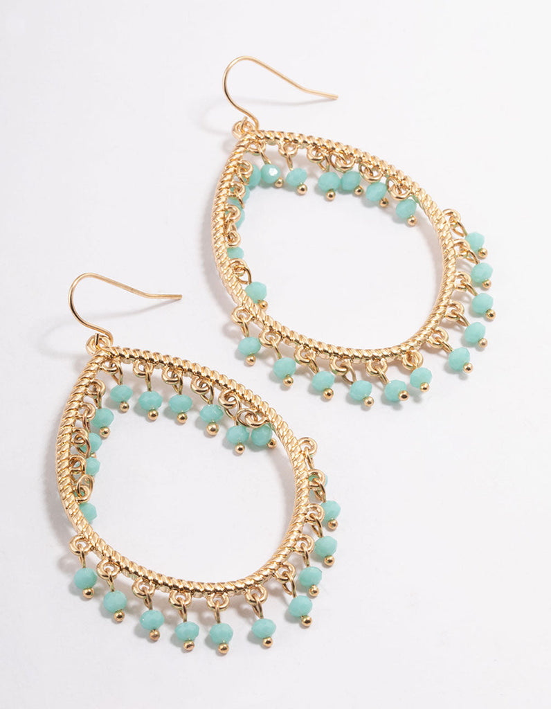 Gold Oval Teardrop Blue Bead Chandbali Earrings