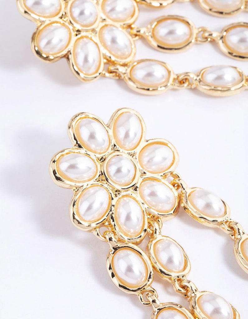 Gold Statement Pearl Flower Drop Earrings