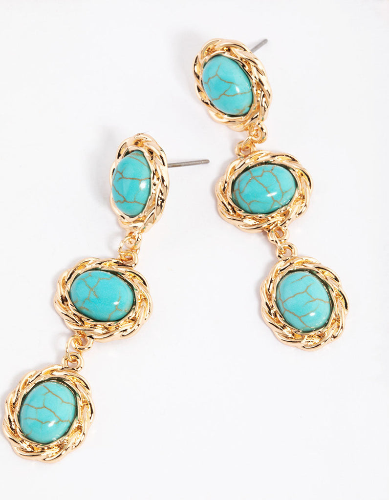 Gold Vintage Three Stone Drop Earrings