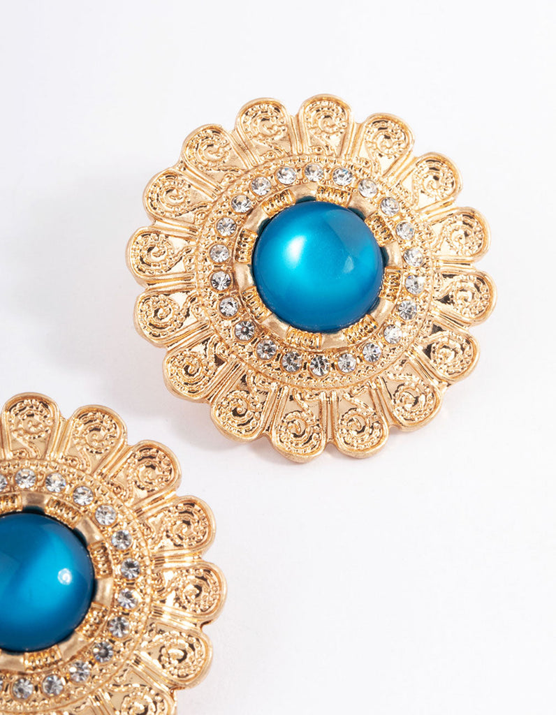 Gold Vintage Stone Filigree Stud Earrings