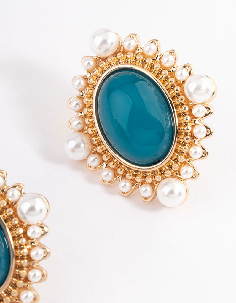 Gold Stone Pearl Stud Earrings