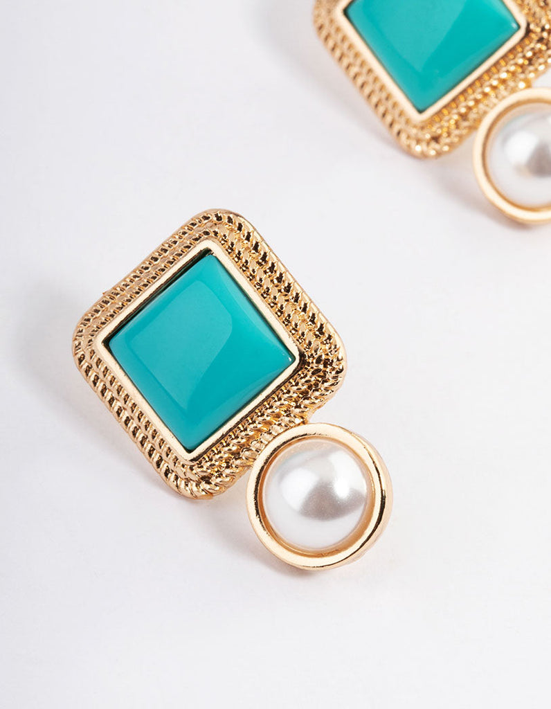 Gold Square Stone Round Pearl Stud Earrings